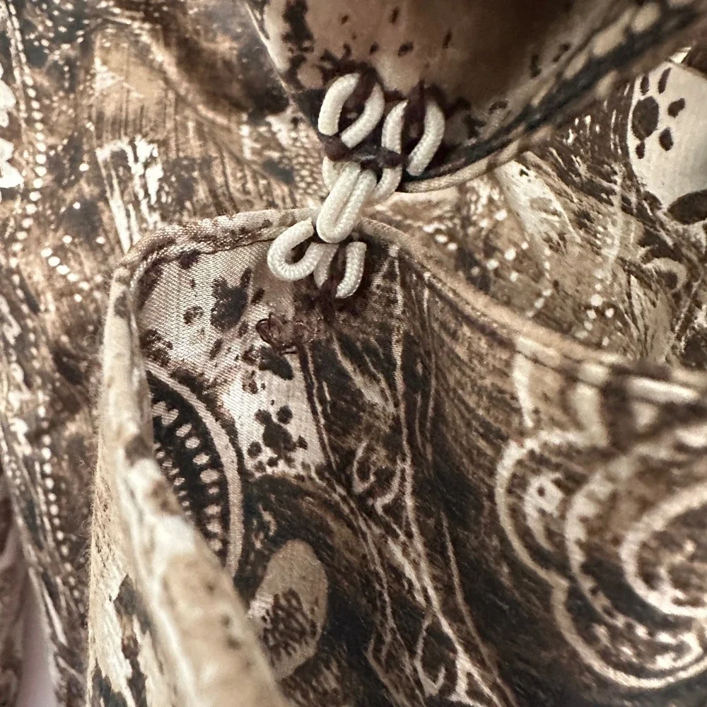 Chico's Blazer Jacket Brown Paisley Silk Cotton Print Size 0 XS Open Front Hook